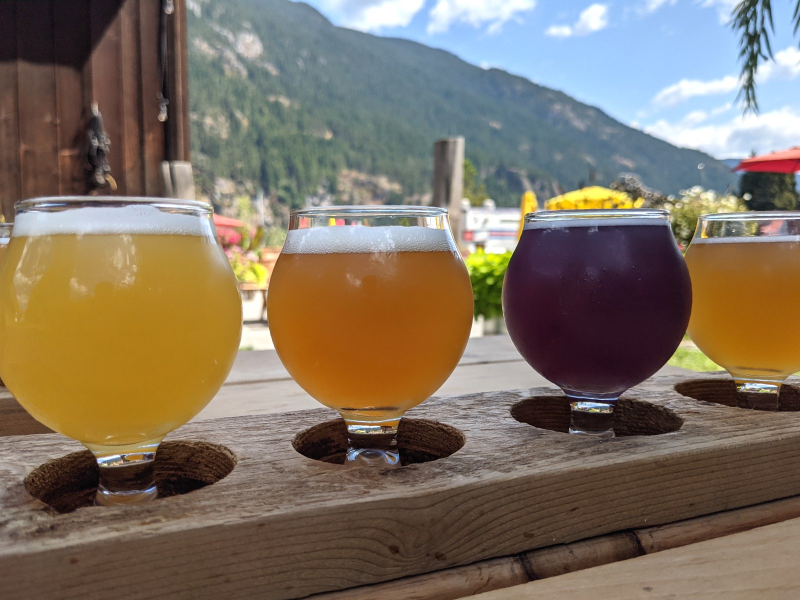 Four beer tasting glasses on a wooden flight board